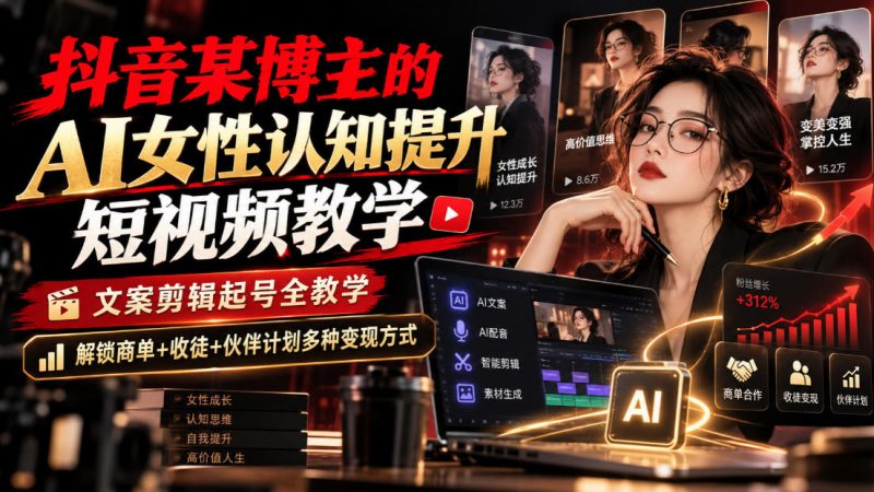 抖音某博主的Ai女性认知提升短视频教学,文案剪辑起号全教学,解锁商单+收徒+伙伴计划多种变现方式-西蒙学社