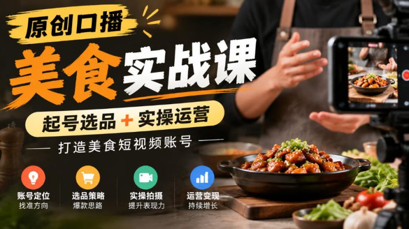 原创口播美食实战课,起号选品+实操运营,打造美食短视频账号-西蒙学社