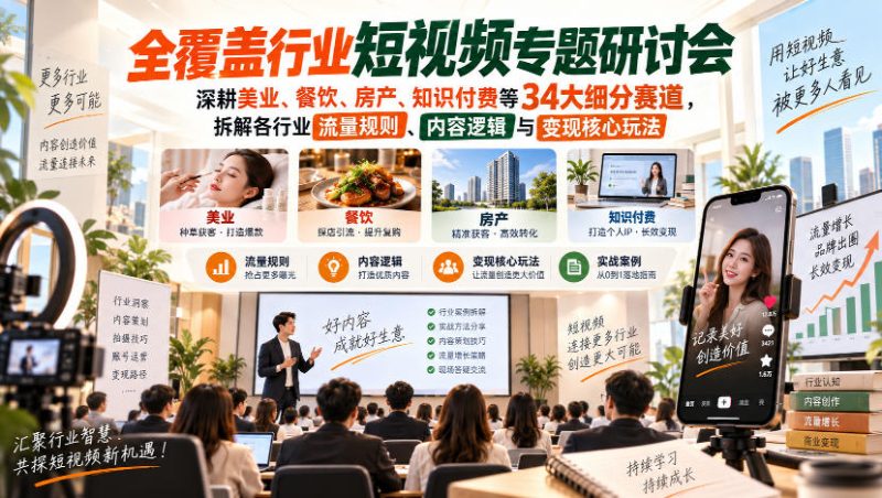 短视频专题研讨会，深耕美业、餐饮、房产、知识付费等34大细分赛道，拆解各行业流量规则、内容逻辑与变现核心玩法（更新1011）-西蒙学社
