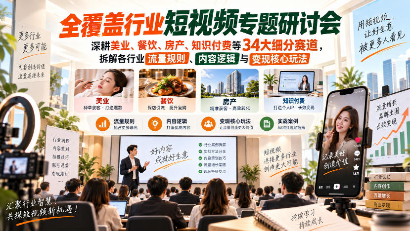 短视频专题研讨会，深耕美业、餐饮、房产、知识付费等34大细分赛道，拆解各行业流量规则、内容逻辑与变现核心玩法（更新1011）-西蒙学社