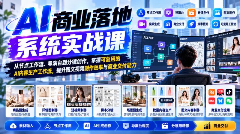 【无水印】AI商业落地系统实战课，从节点工作流、导演台到分镜创作，掌握可复用的AI内容生产工作流，提升图文视频制作效率与商业交付能力-西蒙学社