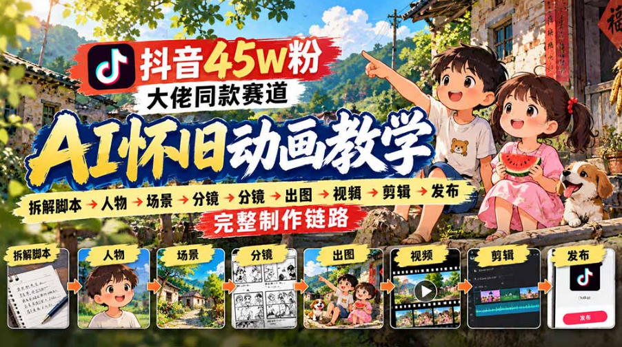 抖音45W粉大佬同款赛道AI怀旧动画实战课：拆解脚本→人物→场景→分镜→出图→视频→剪辑→发布完整制作链路-西蒙学社