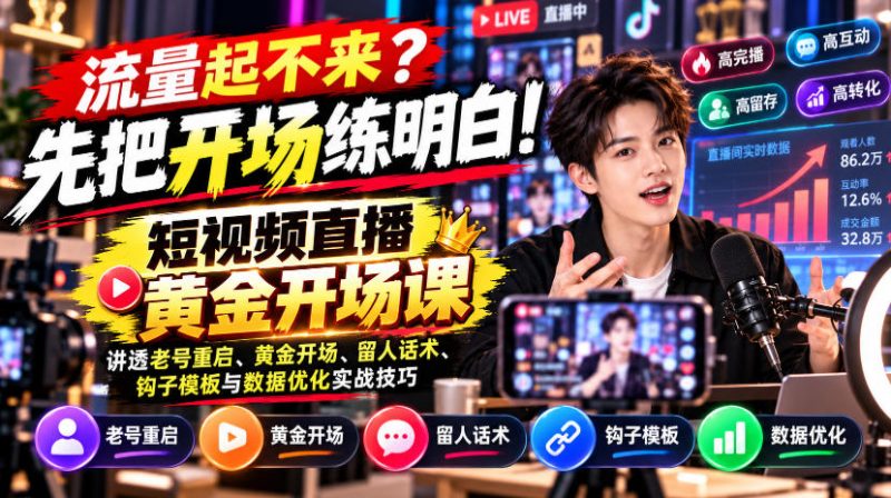 【无水印】流量起不来？先把开场练明白！短视频直播黄金开场课，讲透老号重启、黄金开场、留人话术、钩子模板与数据优化实战技巧-西蒙学社
