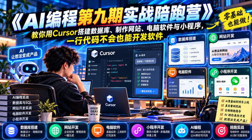 【无水印】《AI编程第九期实战陪跑营》教你用Cursor搭建数据库、制作网站、电脑软件与小程序，一行代码不会也能开发软件-西蒙学社