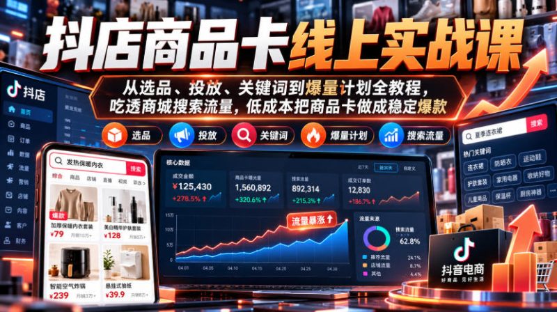 抖店商品卡线上实战课｜从选品、投放、关键词到爆量计划全教程，吃透商城搜索流量，低成本把商品卡做成稳定爆款-西蒙学社