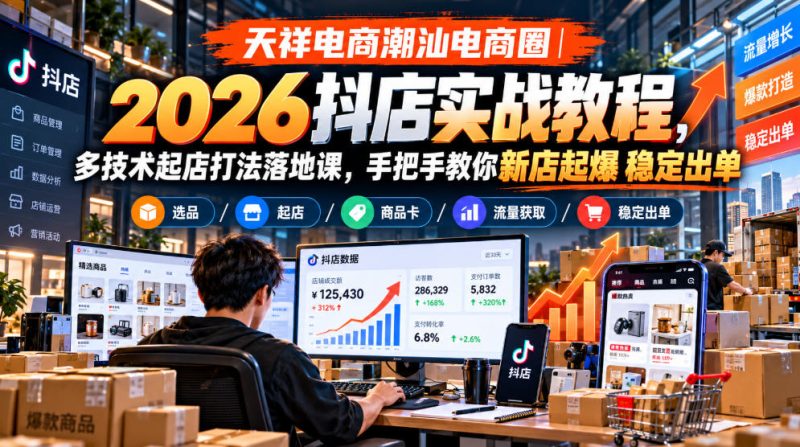 天祥电商潮汕电商圈｜2026抖店实战教程，多技术起店打法落地课，手把手教你新店起爆稳定出单-西蒙学社