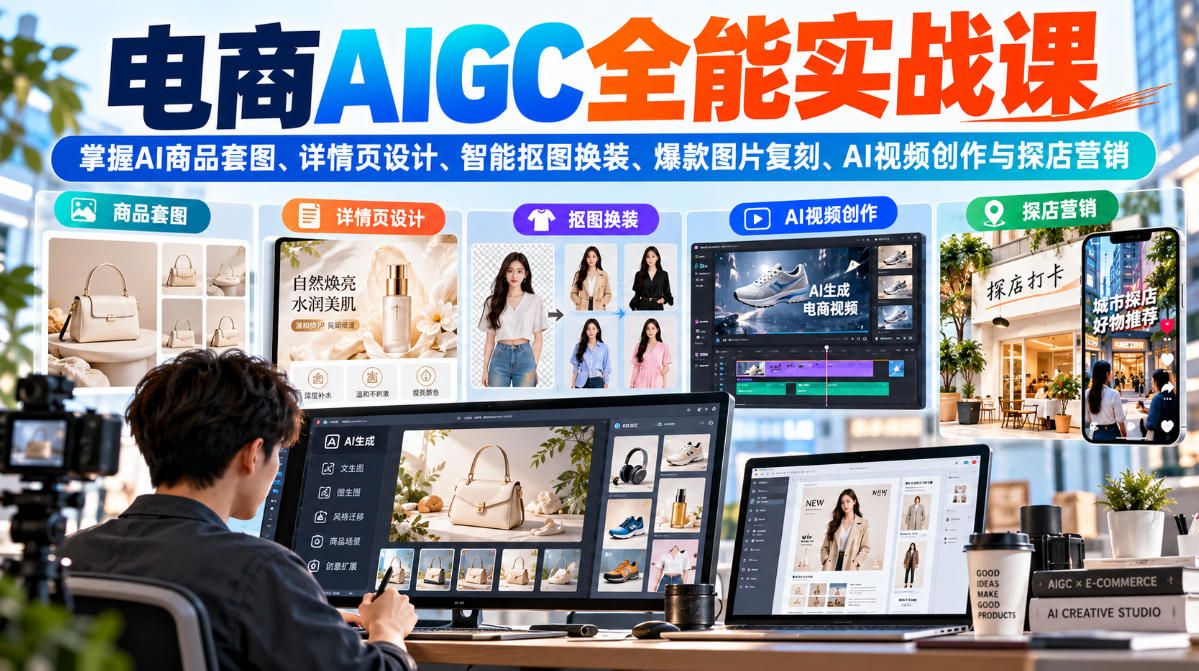 电商AIGC全能实战课：掌握AI商品套图、详情页设计、智能抠图换装、爆款图片复刻、AI视频创作与探店营销-西蒙学社