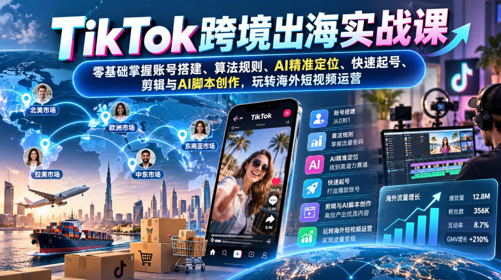 TikTok跨境出海实战课：零基础掌握账号搭建、算法规则、AI精准定位、快速起号、剪辑与AI脚本创作，玩转海外短视频运营-西蒙学社