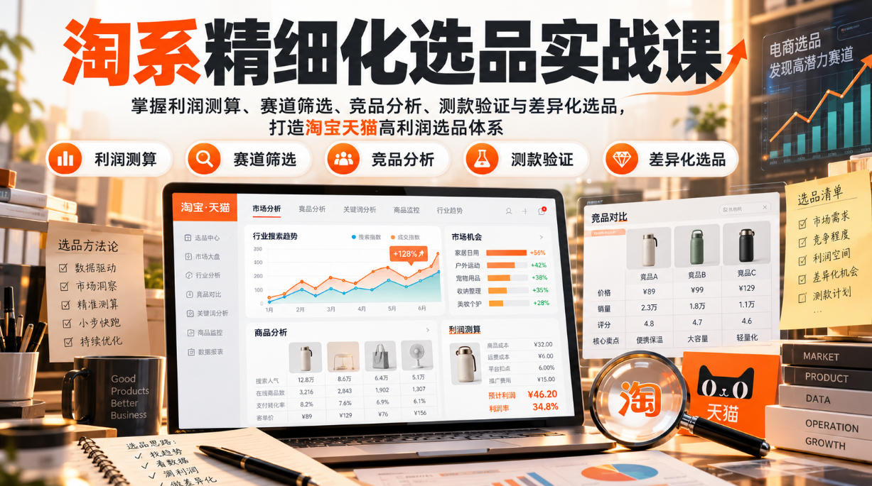 货架电商精细化选品实战课：掌握利润测算、赛道筛选、竞品分析、测款验证与差异化选品，打造淘宝天猫高利润选品体系-西蒙学社