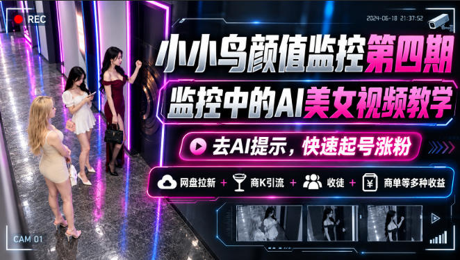 小小鸟颜值监控第四期,监控中的AI美女视频教学,去AI提示,快速起号涨粉,网盘拉新+商K引流+收徒+商单等多种收益-西蒙学社