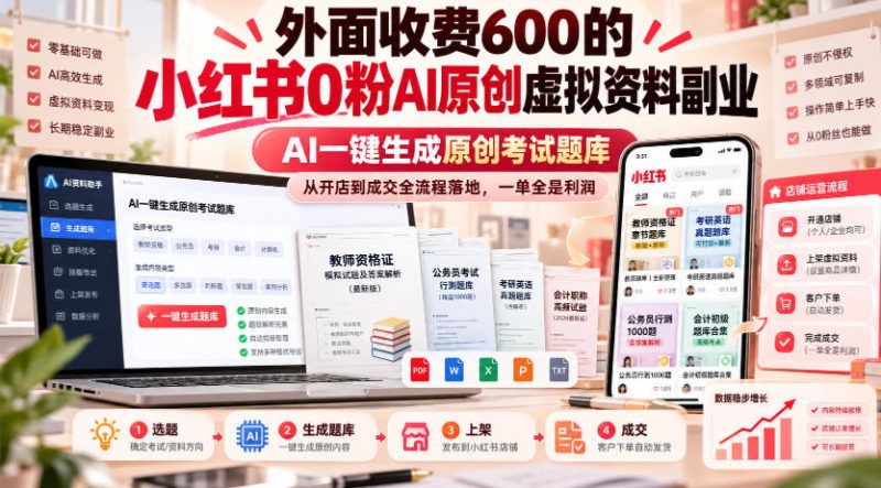 外面收费600的小红书0粉AI原创虚拟资料副业,AI一键生成原创考试题库,从开店到成交全流程落地,一单全是利润-西蒙学社