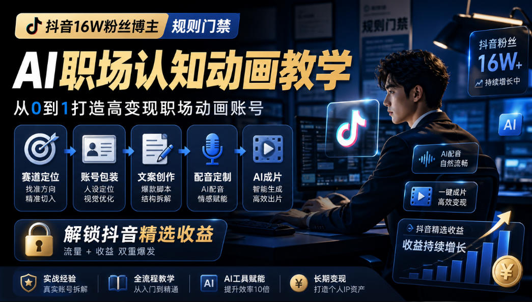抖音16W粉丝博主规则门禁的AI职场认知动画教学，从赛道定位、账号包装，到文案创作、配音定制、AI成片，解锁抖音精选收益-西蒙学社