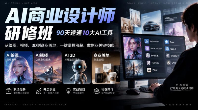 AI商业设计师研修班,90天速通10大AI工具,从绘图、视频、3D到商业落地,一键掌握涨薪、做副业关键技能-西蒙学社