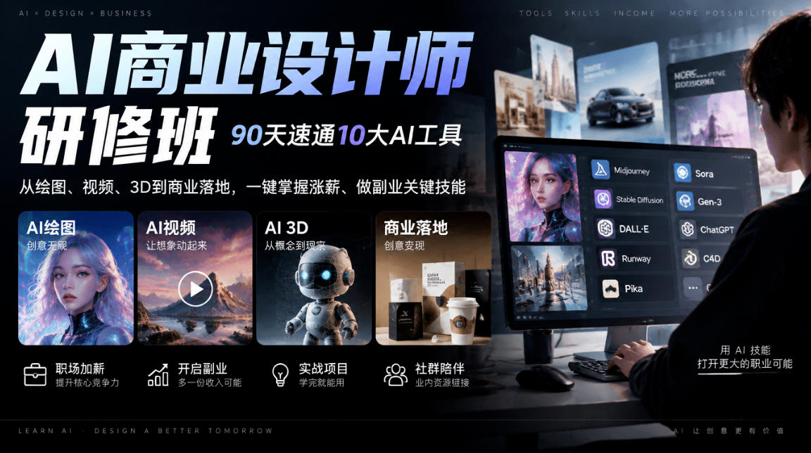 AI商业设计师研修班，90天速通10大AI工具，从绘图、视频、3D到商业落地，一键掌握涨薪、做副业关键技能-西蒙学社