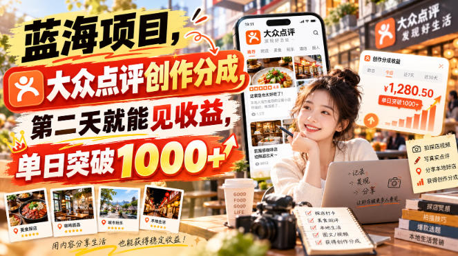 蓝海项目，大众点评创作分成，第二天就能见收益，单日突破1000+【揭秘】-西蒙学社