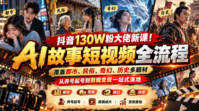 抖音130W粉大佬新课!AI故事短视频全流程,覆盖都市、民俗、奇幻、历史多题材,从养号起号到剪辑变现一站式落地-西蒙学社