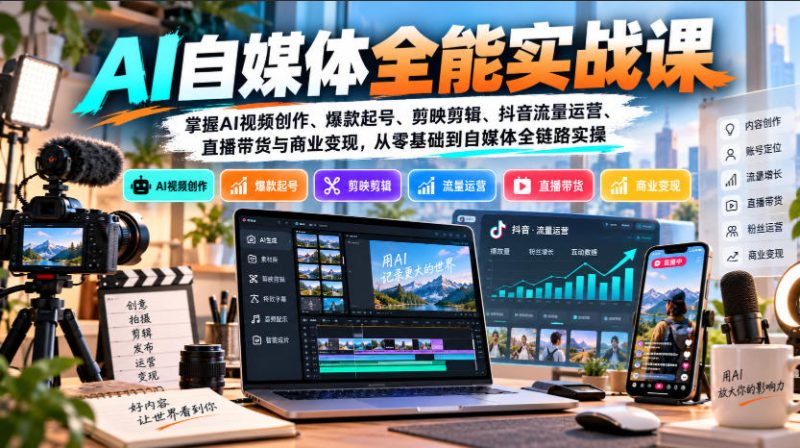 【无水印】AI自媒体全能实战课,掌握AI视频创作、爆款起号、剪映剪辑、抖音流量运营、直播带货与商业变现,从零基础到自媒体全链路实操-西蒙学社