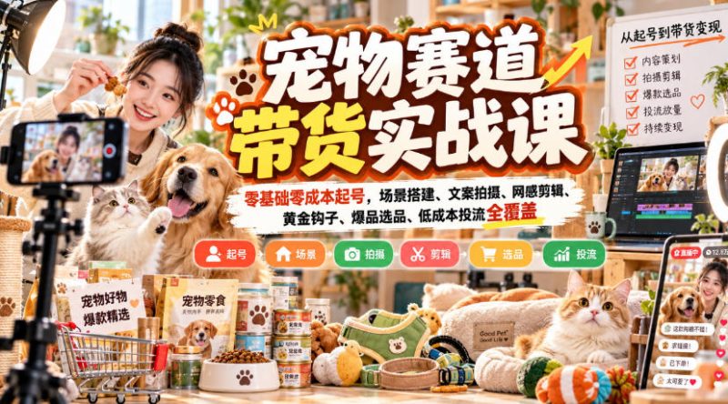 宠物赛道带货实战课,零基础零成本起号,场景搭建、文案拍摄、网感剪辑、黄金钩子、爆品选品、低成本投流全覆盖-西蒙学社