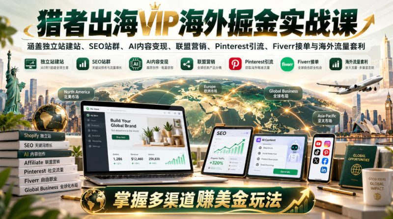 猎者出海VIP海外掘金实战课:涵盖独立站、SEO站群、AI变现、联盟营销、Pinterest引流、Fiverr接单与海外流量套利,掌握多渠道賺美金玩法-西蒙学社