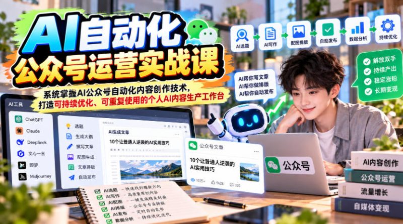AI自动化公众号运营实战课,系统掌握AI公众号自动化内容创作技术,打造可持续优化、可重复使用的个人AI内容生产工作台-西蒙学社
