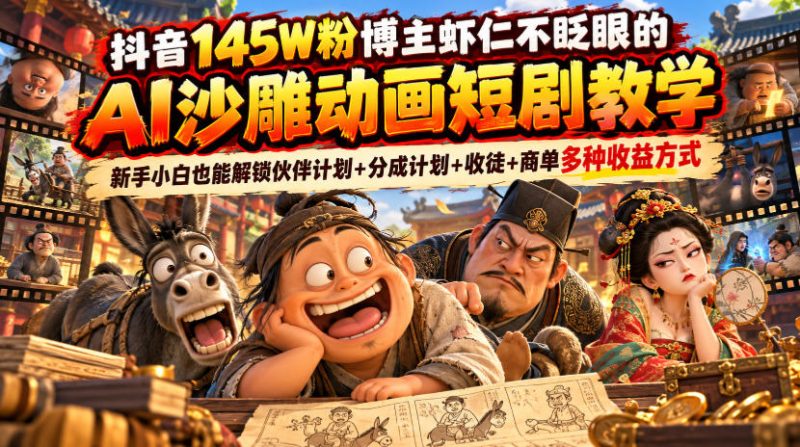 抖音145W粉博主虾仁不眨眼的AI沙雕动画短剧教学,新手小白也能解锁伙伴计划+分成计划+收徒+商单多种收益方式-西蒙学社