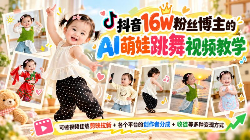 抖音16W粉丝博主的AI萌娃跳舞视频教学,可做视频挂载剪映拉新+各个平台的创作者分成+收徒等多种变现方式,单月1W+-西蒙学社
