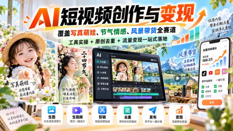 AI短视频创作与变现，覆盖写真萌娃、节气情感、风景带货全赛道，工具实操+原创去重+流量变现一站式落地-西蒙学社