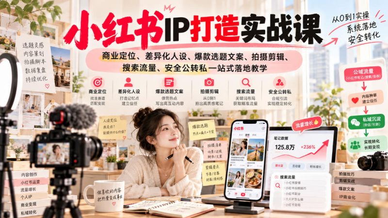 小红书ip打造实战课,商业定位、差异化人设、爆款选题文案、拍摄剪辑、搜索流量、安全公转私一站式落地教学-西蒙学社