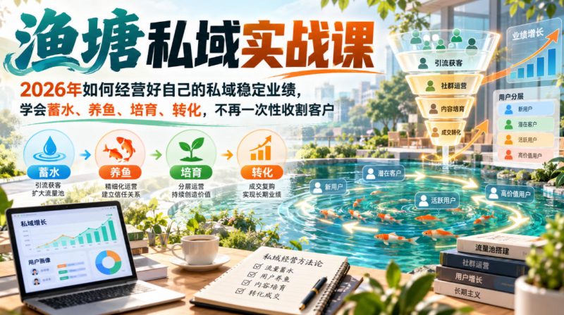 渔塘私域实战课，2026年如何经营好自己的私域稳定业绩，学会蓄水、养鱼、培育、转化，不再一次性收割客户-西蒙学社