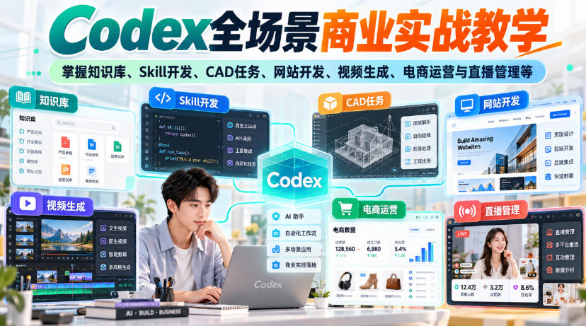 【无水印】Codex全场景商业实战教学，掌握知识库、Skill开发、CAD任务、网站开发、视频生成、电商运营与直播管理等-西蒙学社