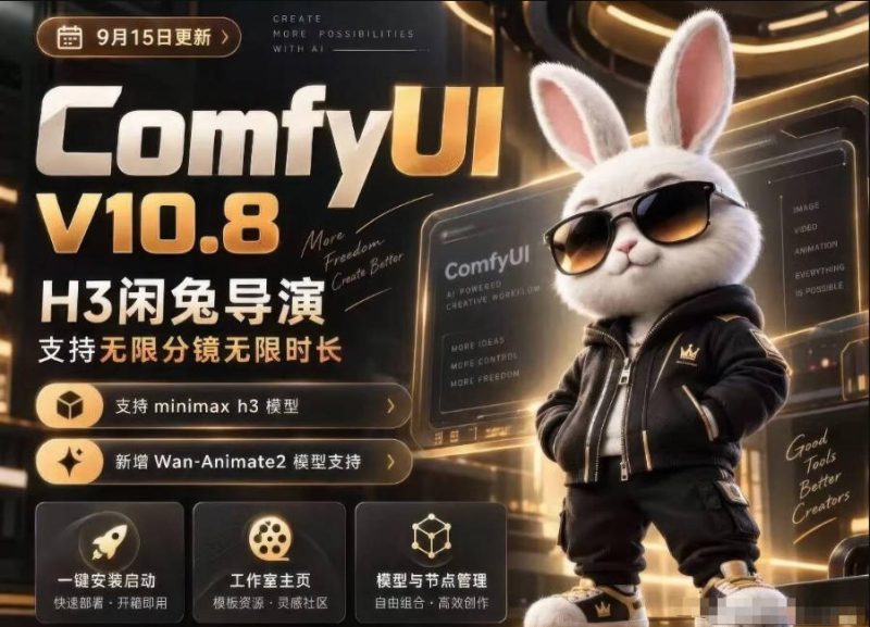 ComfyUI V10.8中文整合包,H3闲兔导演,支持无限分镜无限时长,1000+工作流,动作迁移,角色替换,视频一致性,口型同步,低显存可用-西蒙学社