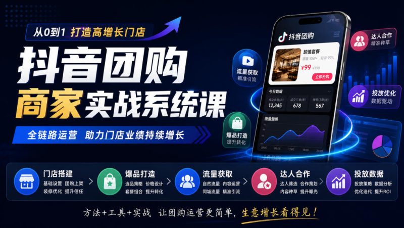 抖音团购商家实战系统课|门店搭建、爆品打造、流量获取、达人合作、投放数据全链路运营-西蒙学社