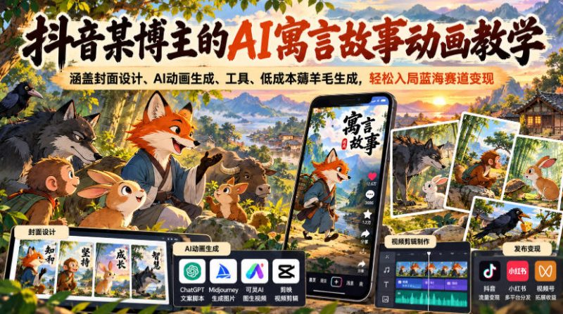 抖音某博主的AI寓言故事动画教学,涵盖封面设计、AI动画生成、工具、低成本薅羊毛生成,轻松入局蓝海赛道变现-西蒙学社
