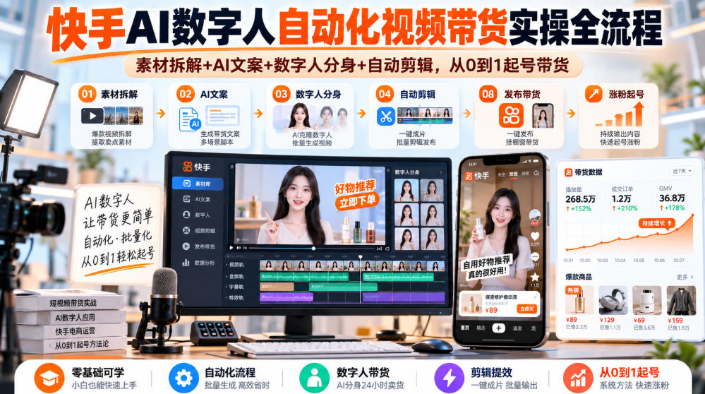 快手AI数字人自动化视频带货实操全流程｜素材拆解+AI文案+数字人分身+自动剪辑，从0到1起号带货（更新26年）-西蒙学社