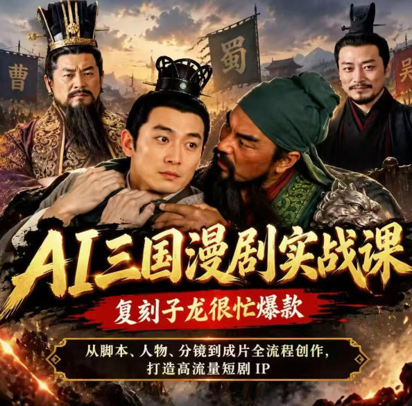 抖音14W粉博主同款AI三国漫剧实战课，复刻子龙很忙爆款，从脚本、人物、分镜到成片全流程创作，打造高流量短剧IP-西蒙学社