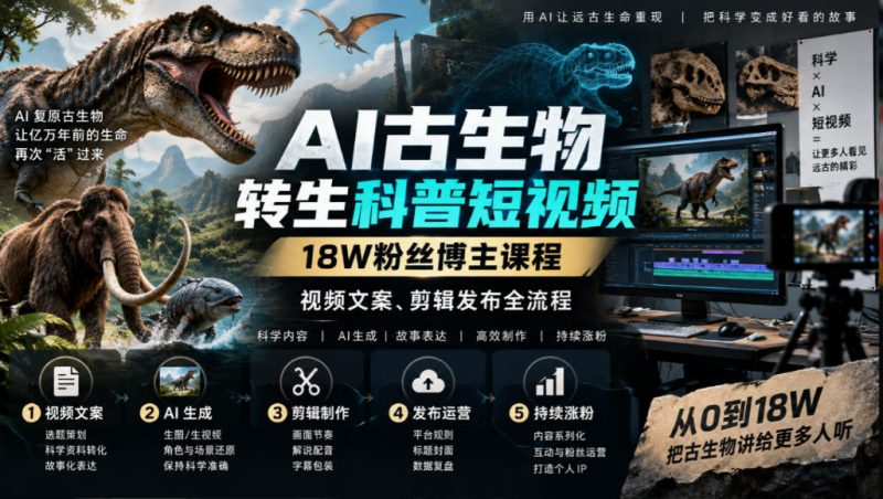 AI古生物转生科普短视频，18W粉丝博主课程，视频文案、剪辑发布全流程-西蒙学社